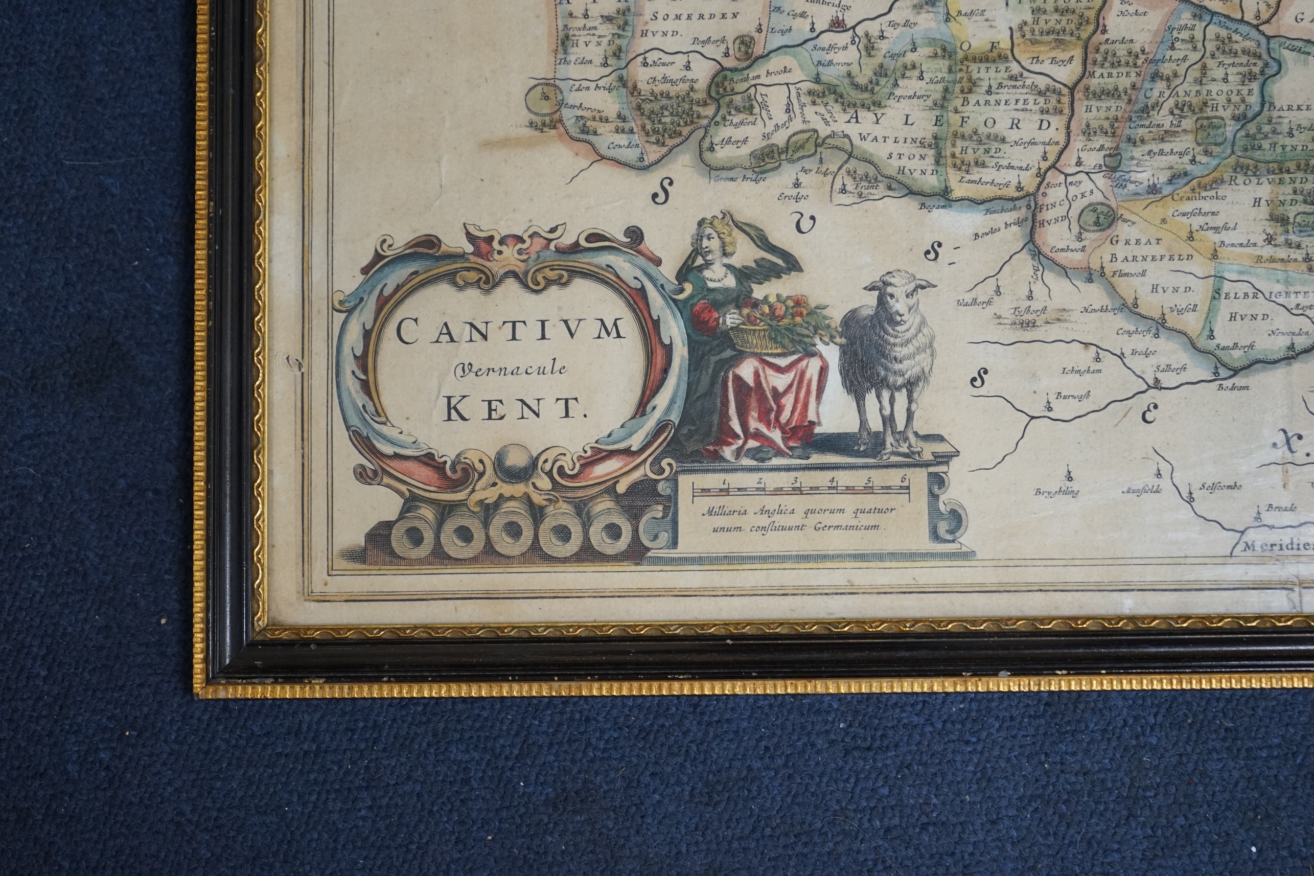 After Joan Blaeu (1596-1673), hand coloured engraved map of Kent, 39 x 54cm. Condition - poor to fair